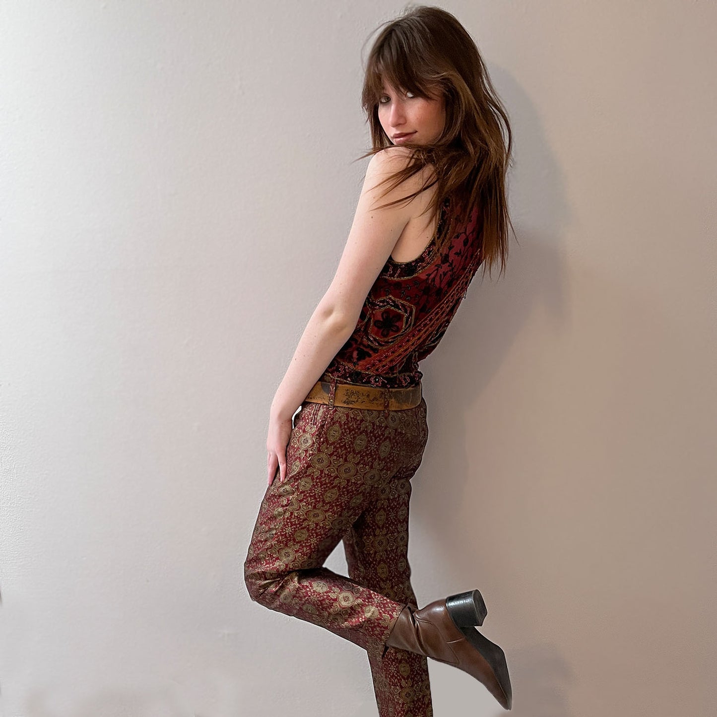 Burgundy & Gold Silk Patterned Trousers / Size 8