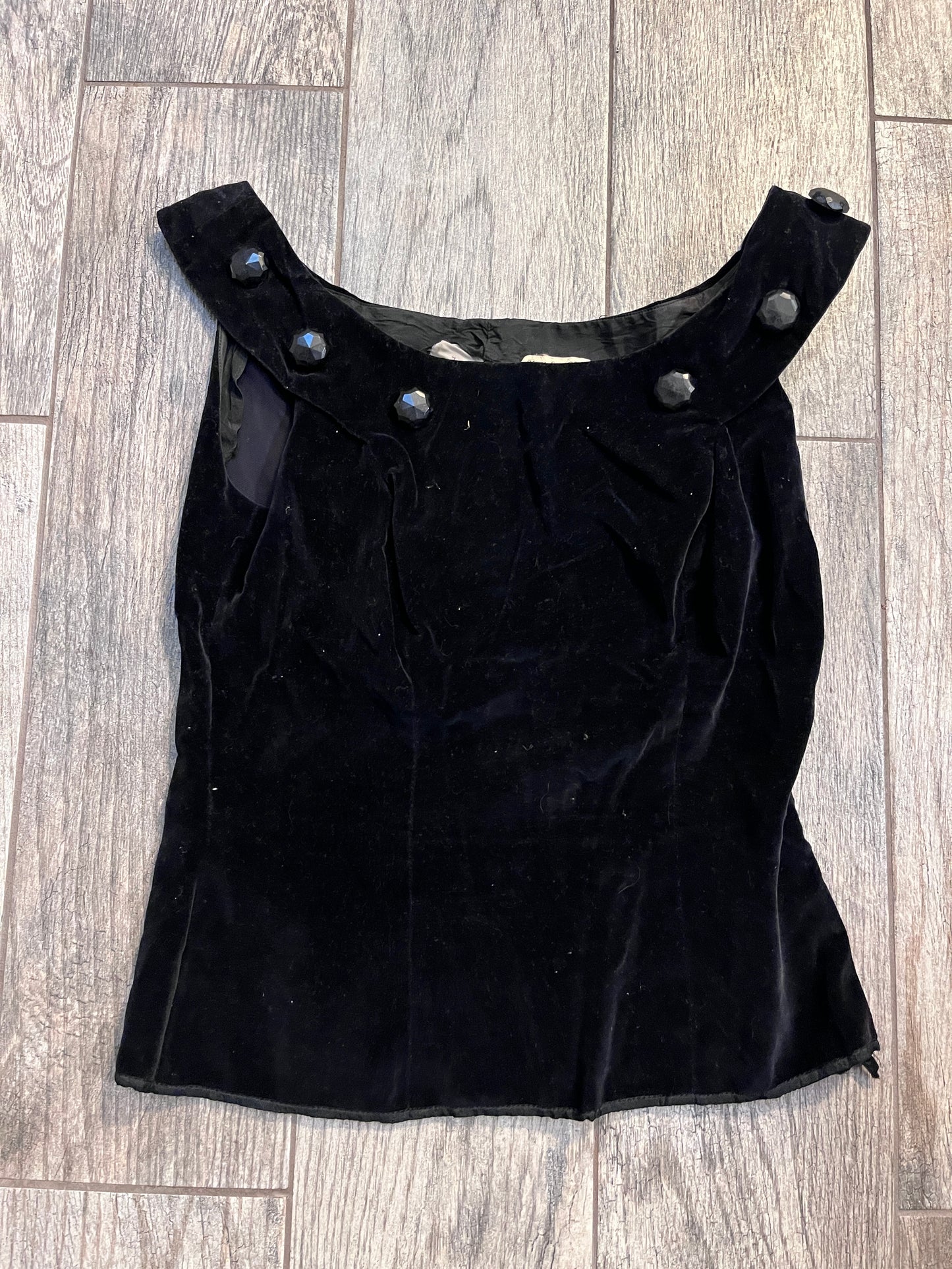 Vintage Black Velvet Top With Large Black Bead Trim / Size S