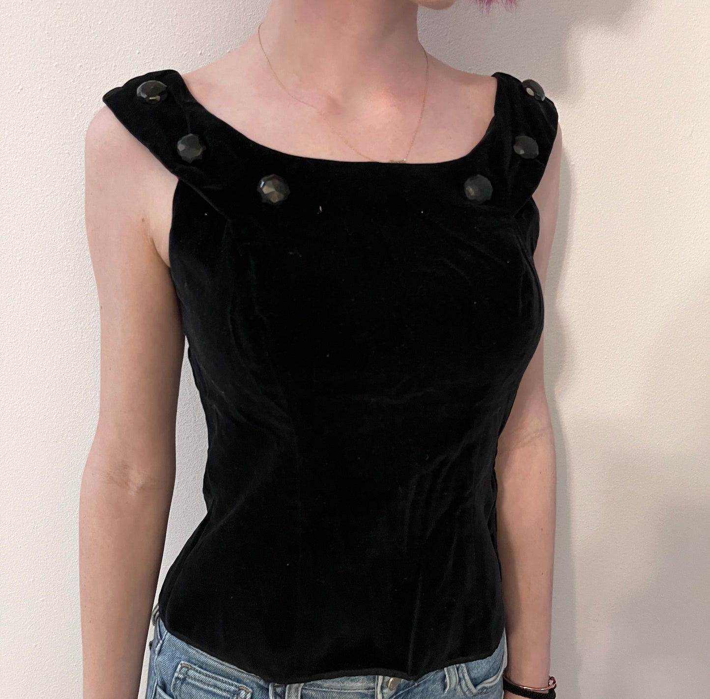 Vintage Black Velvet Top With Large Black Bead Trim / Size S