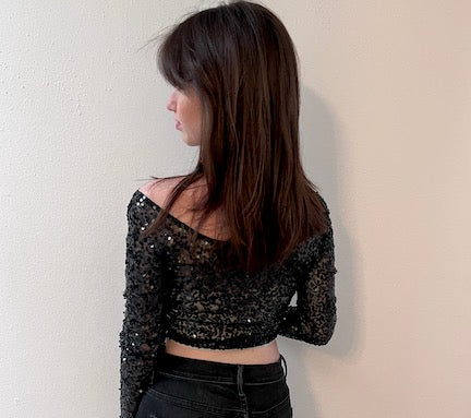 Donna Karan Black Sequin Cropped Top / Size S/P