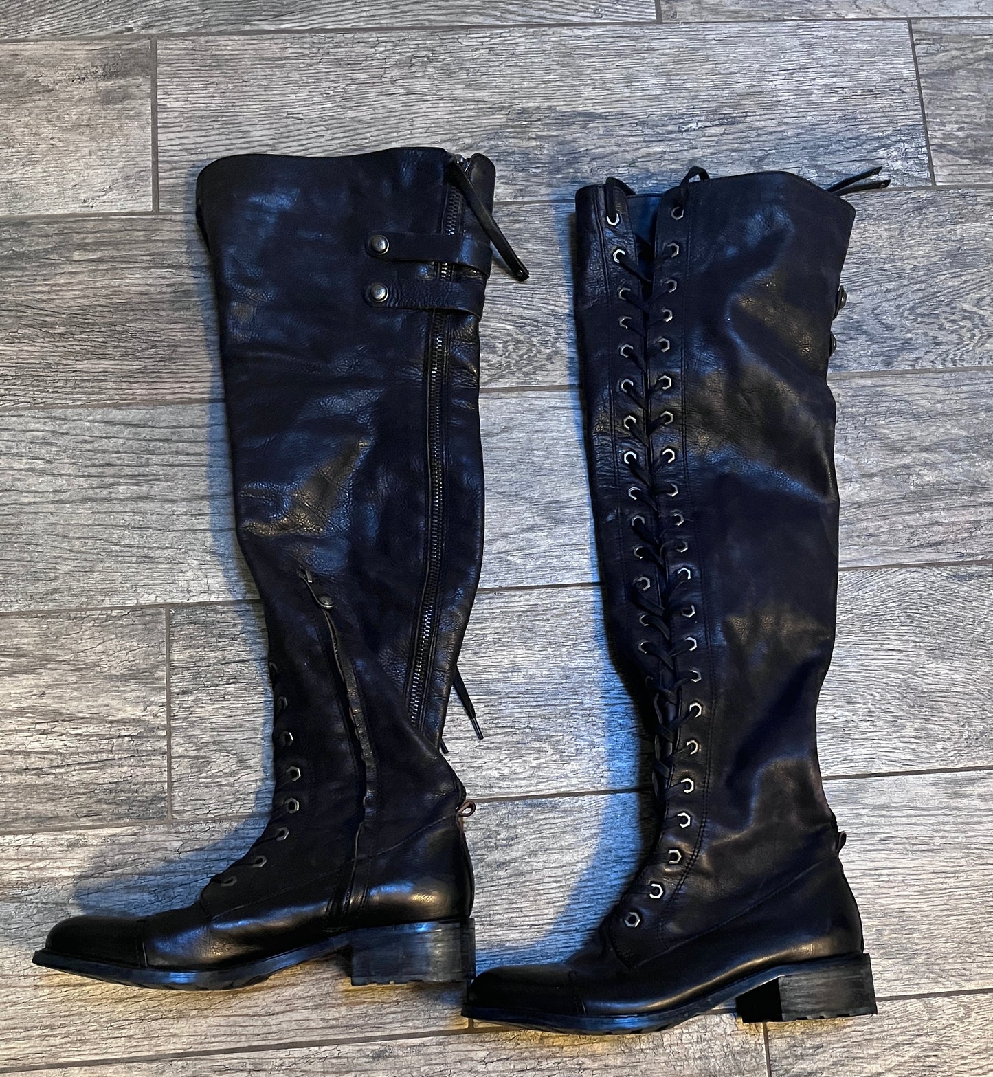 Thigh High Leather Lace-Up Boots w/Zippers / size 7.5