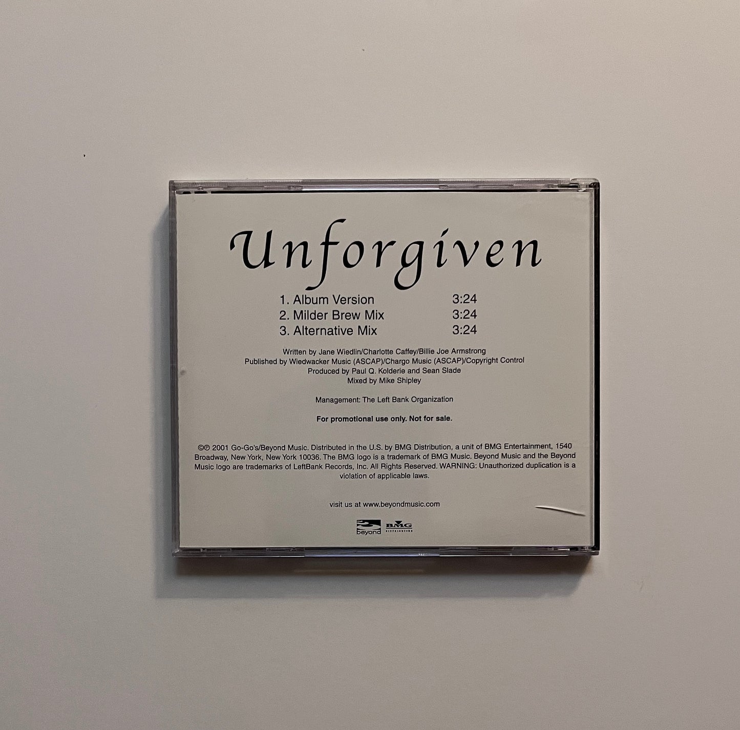 Promo CD of "Unforgiven"  Single Featuring 3 Different Mixes