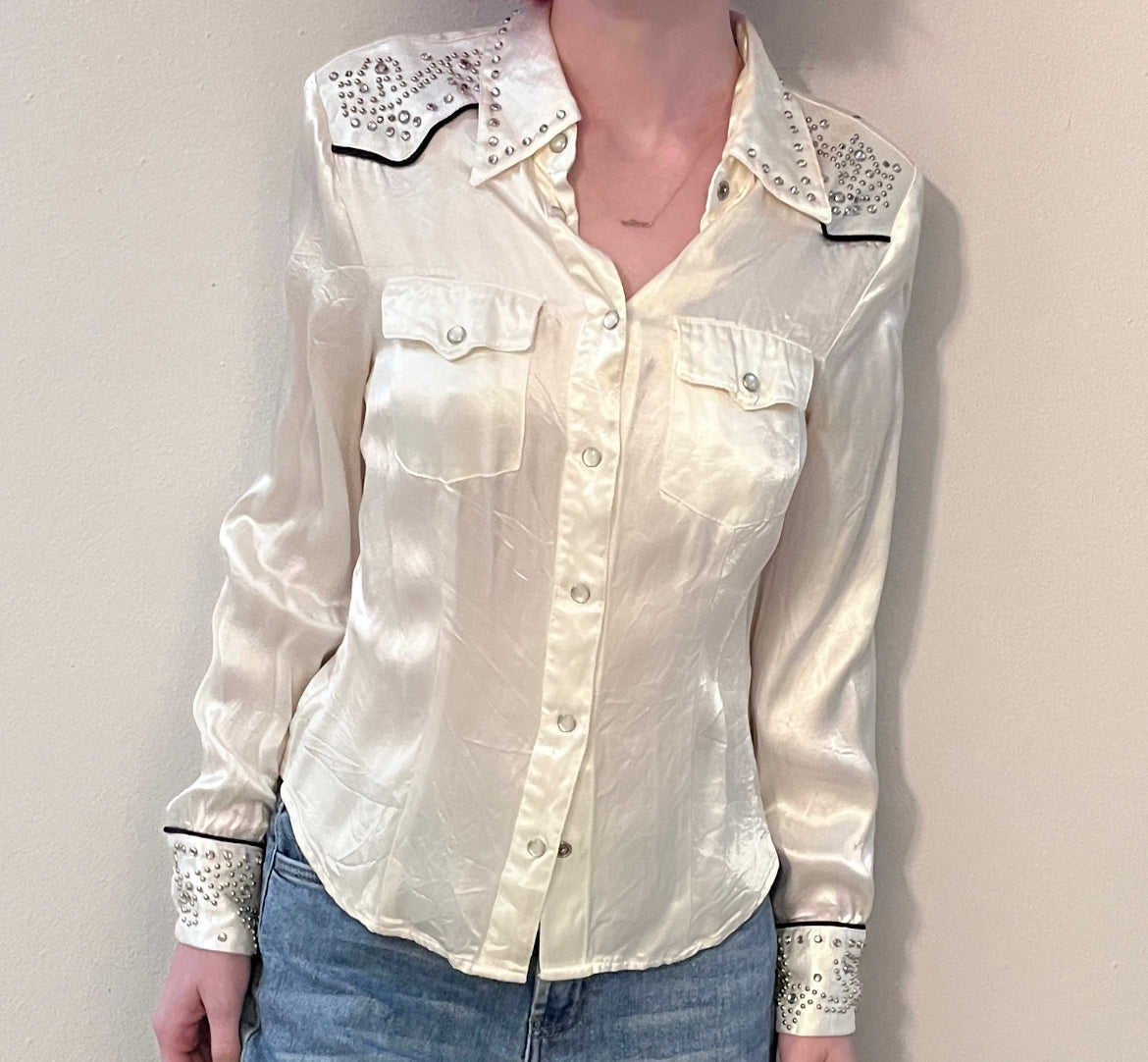 Western Look Jewel & Stud White Satin Shirt /