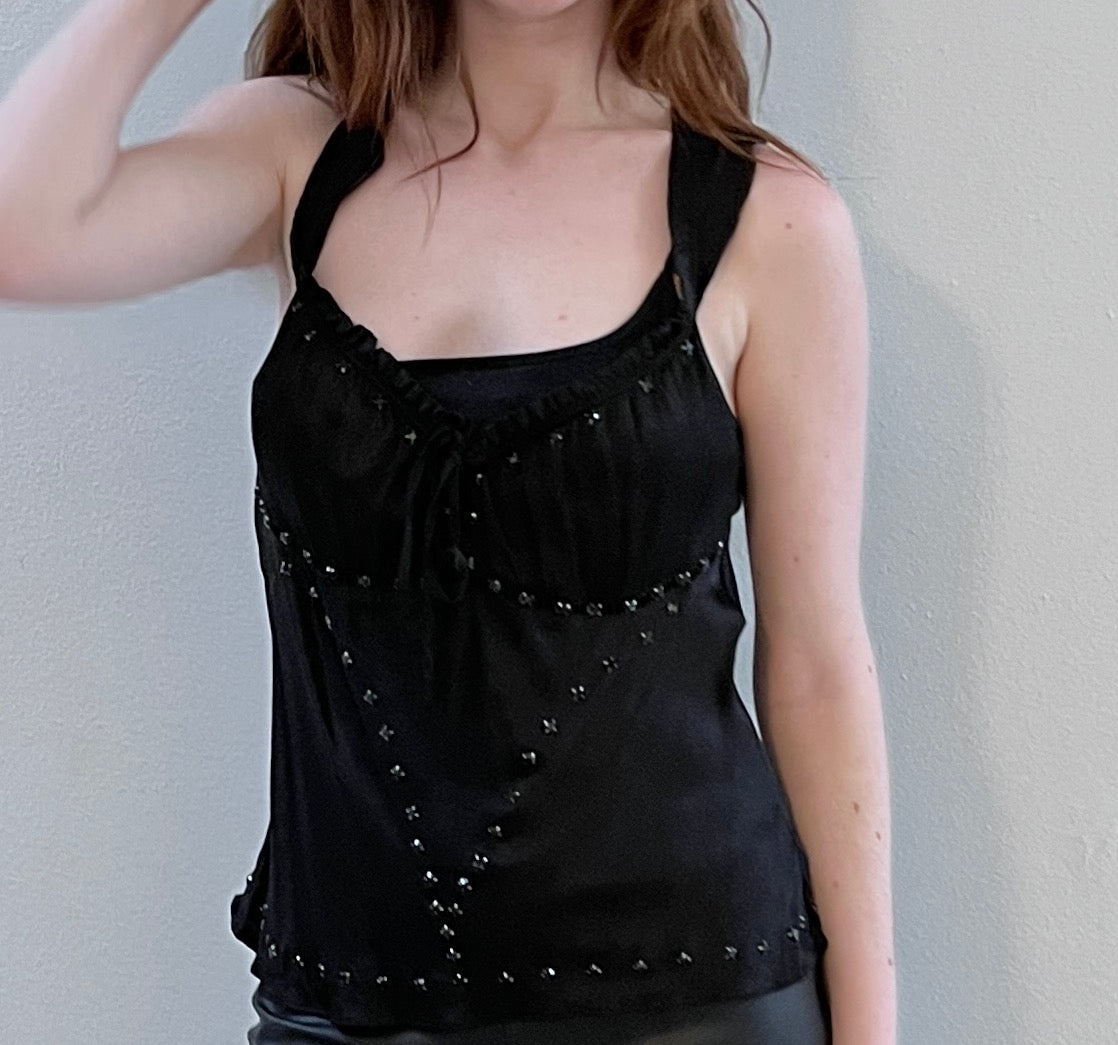 Black Shiny Custom Made Black Jewel Studded Top / Size S