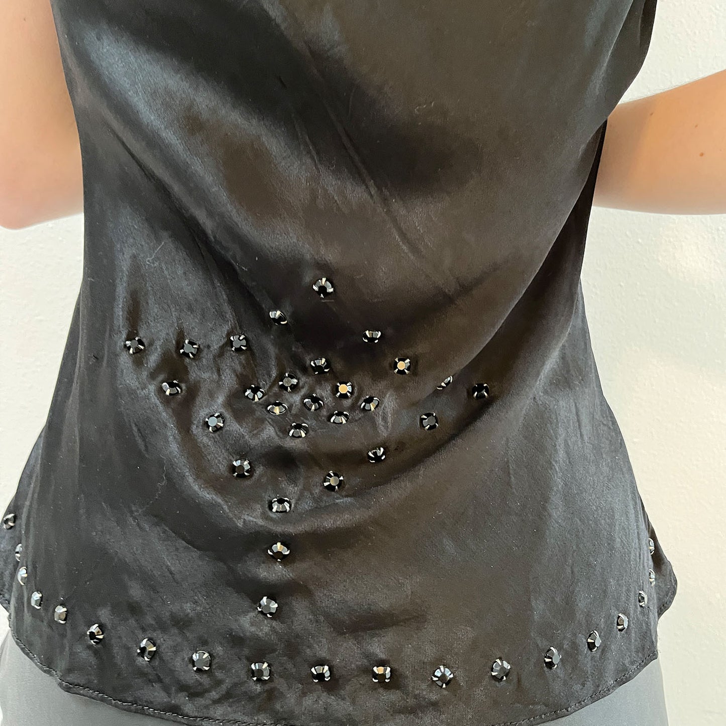 Black Shiny Custom Made Black Jewel Studded Top / Size S