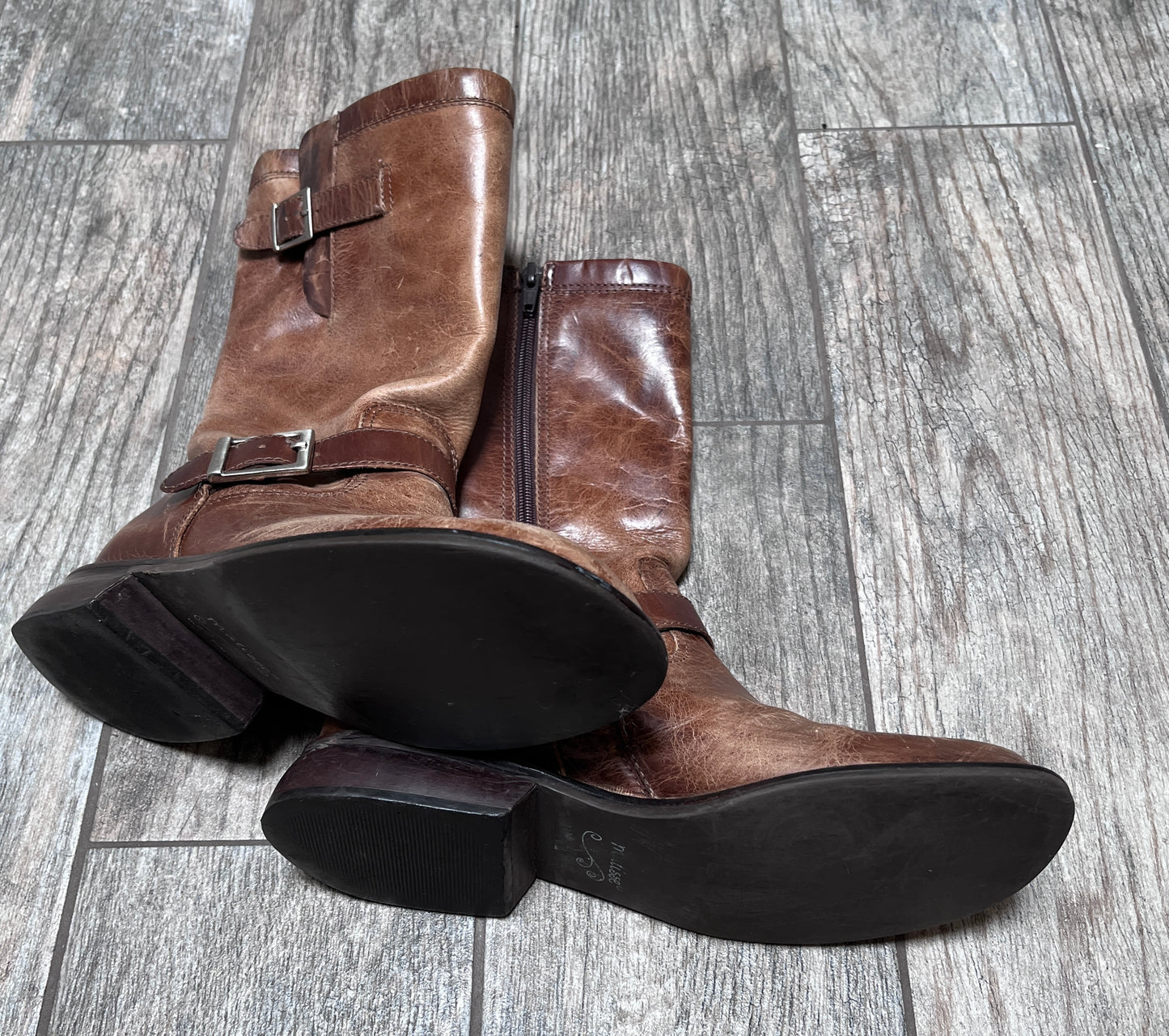 Vintage Brown Leather Biker Style Boots ~ Buckles & Straps / Size 7.5