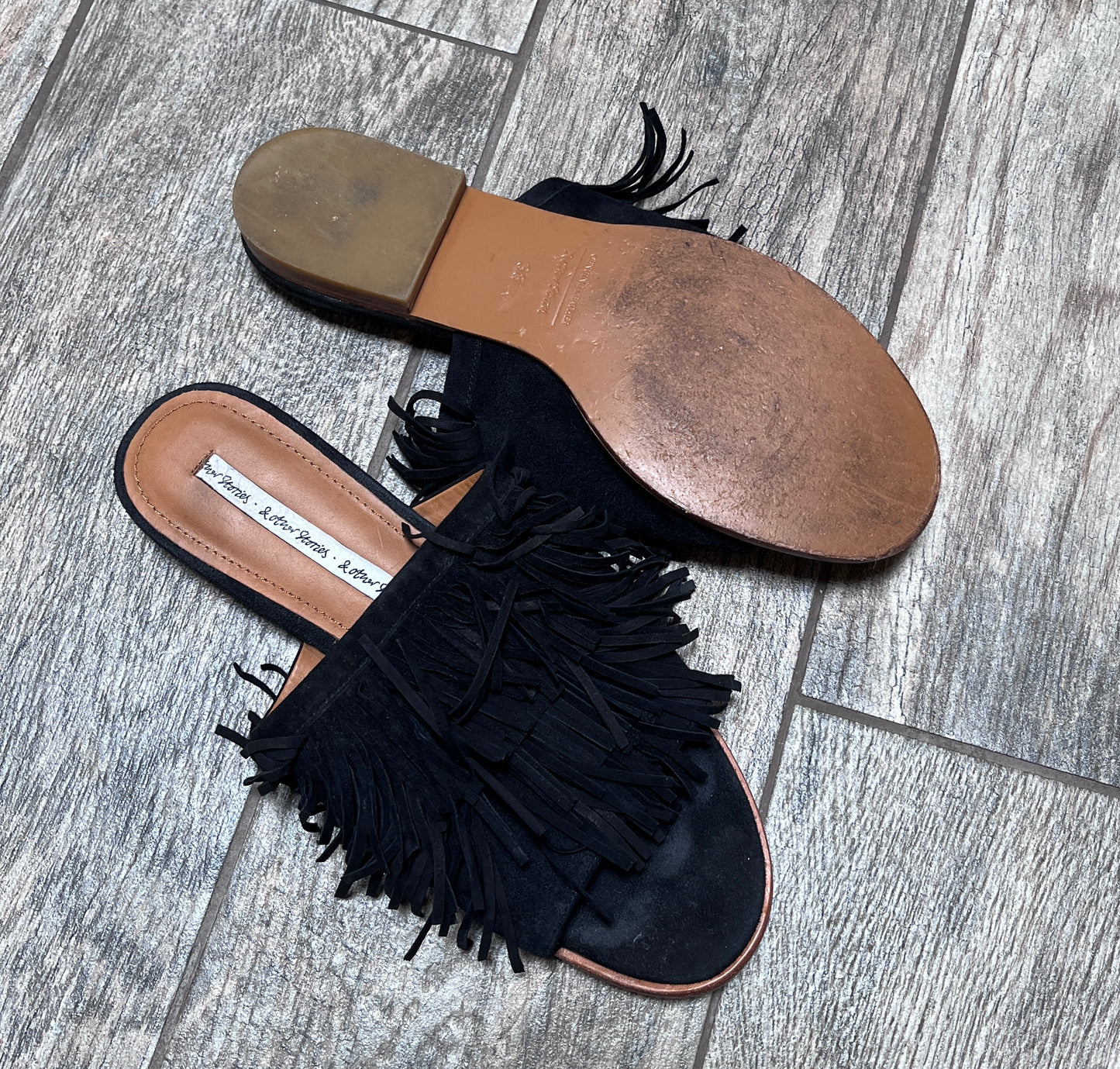 & Other Stories ~ Black Suede Fringe Slip-On Flats / Size 38