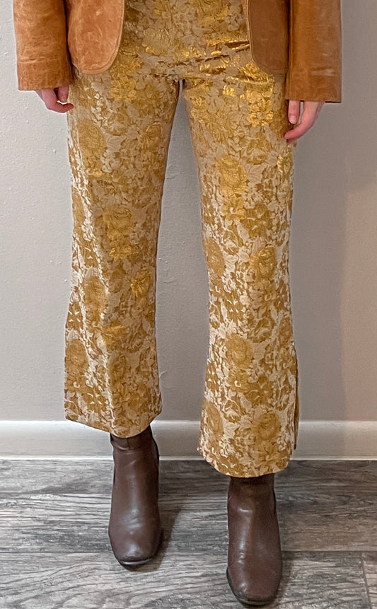 Blu In Firenze Cropped Gold Thread Floral Brocade Trousers / Size M