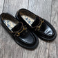 Luxe Black Leather Gold Buckle Bee Loafers / Size 38
