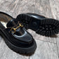 Luxe Black Leather Gold Buckle Bee Loafers / Size 38
