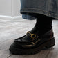 Luxe Black Leather Gold Buckle Bee Loafers / Size 38