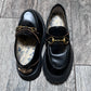 Luxe Black Leather Gold Buckle Bee Loafers / Size 38