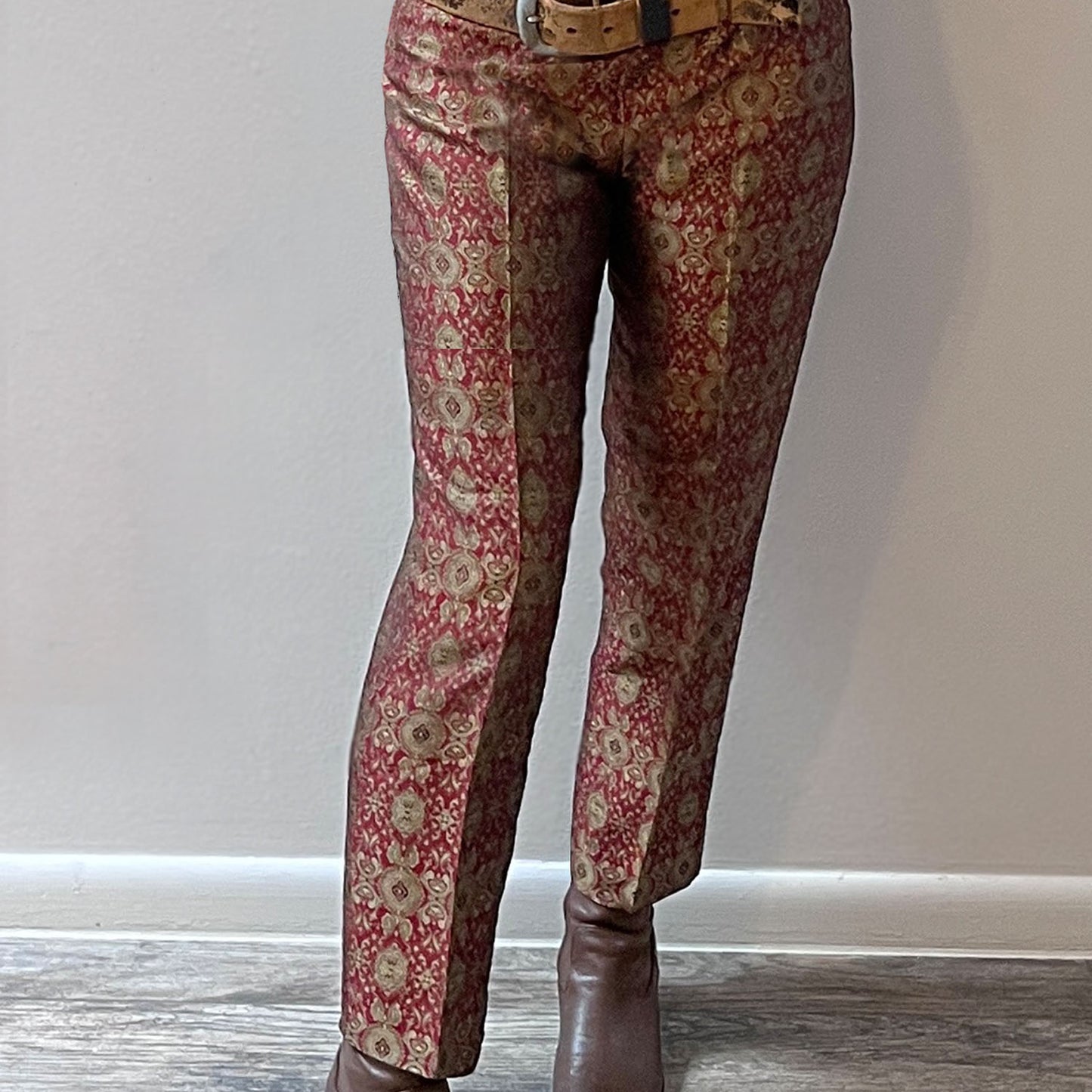 Burgundy & Gold Silk Patterned Trousers / Size 8