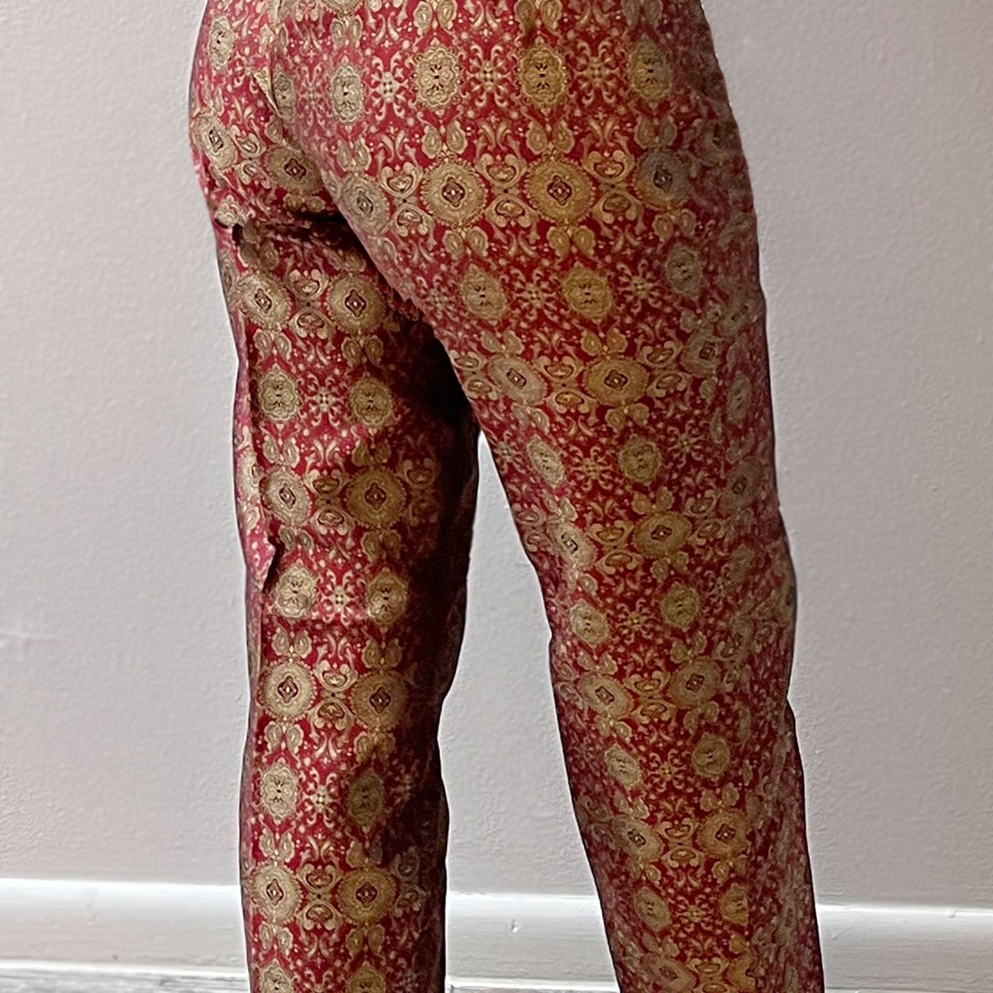 Burgundy & Gold Silk Patterned Trousers / Size 8