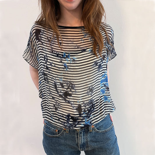 Sheer Blue and White Stripes and Splotches Boutique Top / Size M